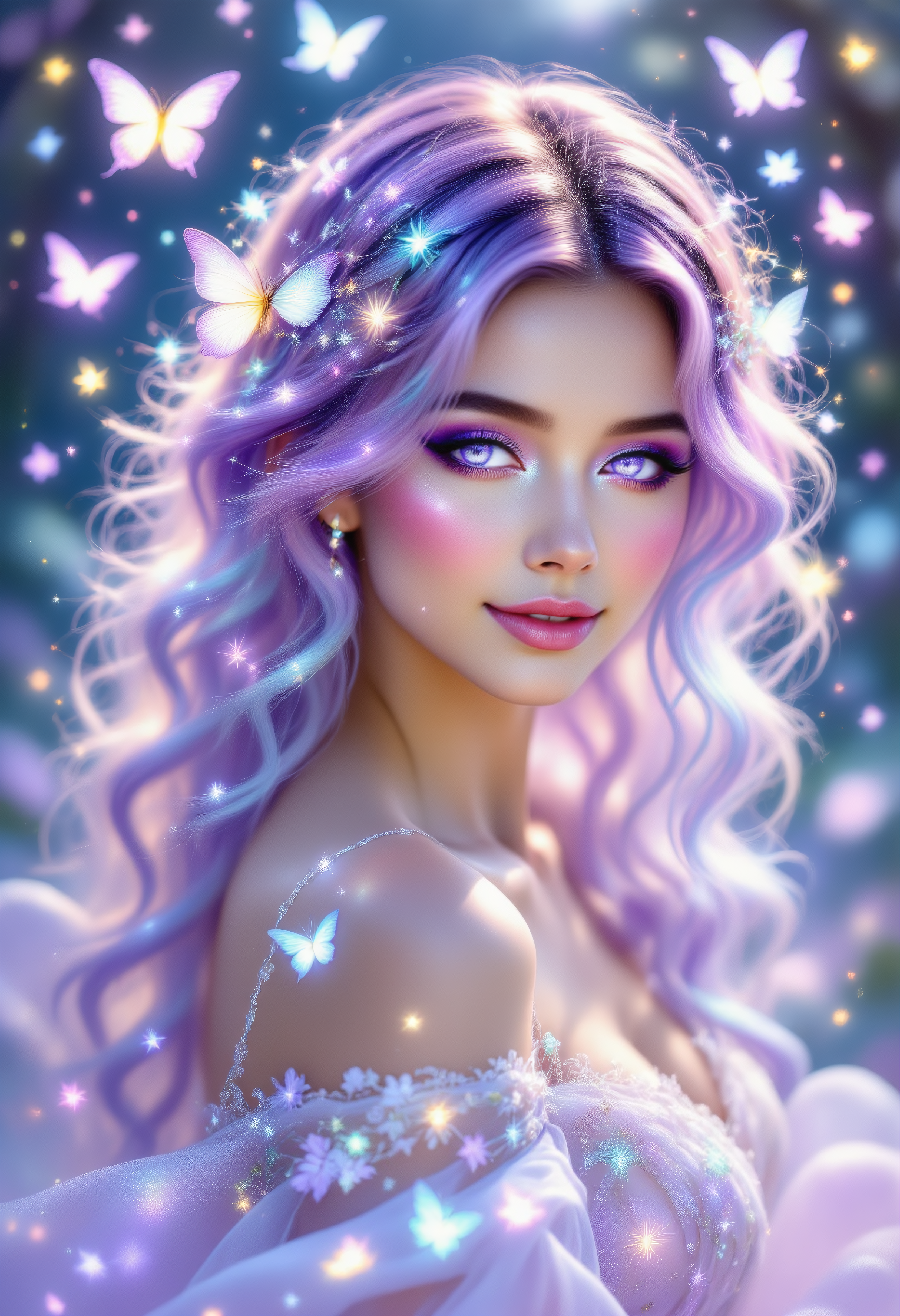 , aidmaHiDreamStyle, pinkhidreamfantasy, A dreamy woman with pastel pink and baby blue ombre hair, cascading in soft waves. Her delicate lavender eyes glow faintly as she smiles. She wears an ethereal white gown with soft pink and lilac floral embroidery, and her translucent butterfly-like wings shimmer in pastel hues. Around her, floating petals and glowing fireflies create a serene, magical aura..  ,