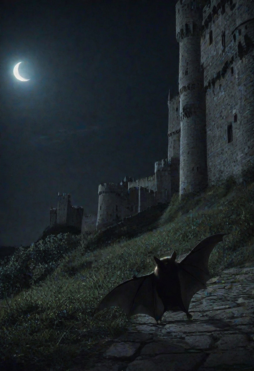 bat walking around a castle at night