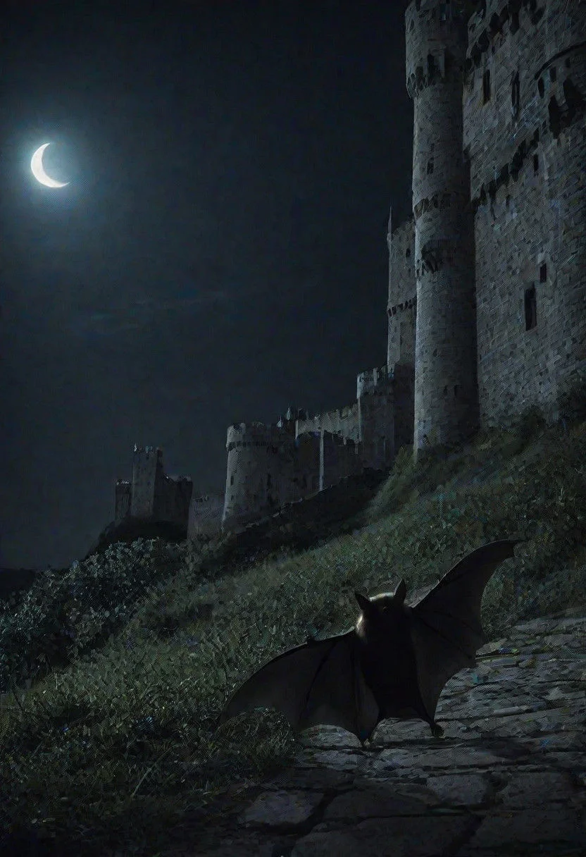 bat walking around a castle at night