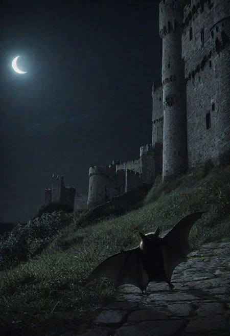 bat walking around a castle at night