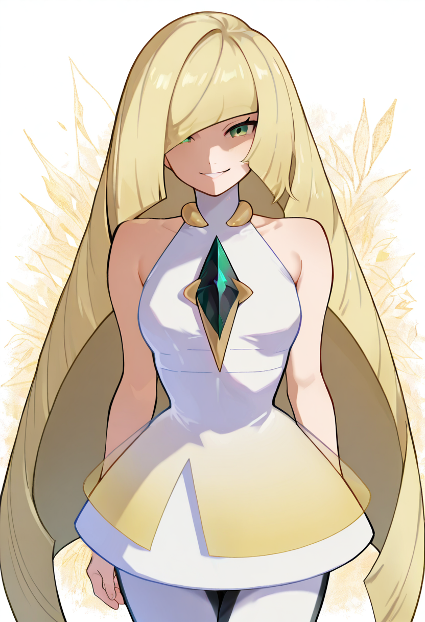 masterpiece, best quality, solo, curvy, beautiful eyes,  zzLusamine, green eyes, blonde hair, long hair, very long hair, hair over one eye, bangs, white dress, sleeveless dress, diamond (shape), green gemstone, bare shoulders, white leggings,  , <lora:LusaminePokemon_IXL:1.0>,, smile, looking at viewer, cowboy shot,  <lora:IckpotIXL_v1:1.0>,
