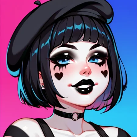 <lora:Monster_mime_girl_SDXL:0.8>, 1girl, blue eyes, short bob haircut, black hair, thick lips, black lipstick, black eyeliner, mime artist makeup, white face paint, wide hips, white skin body paint, black choker, mime artist outfit, black beret, black striped shirt, full body, black pants, black suspenders, esoteric background, happy face, score_9, score_8_up, score_7_up, score_6_up