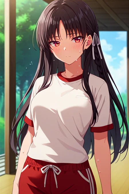 score_9, score_8_up, score_7_up, score_6_up, score_5_up, score_4_up, rating_questionable, , source_anime, digital illustration, pixiv, fanbox, uncensored, , BREAK, official art,
1girl, solo, female, horikita suzune, black hair, long hair, red eyes, hair ribbon, anime screencap,
gym unifrom, white tshirt, red trackpants, sweat, tired, , outdoors, , blush, looking at viewer, cowboy shot, colorful, vivid,<lora:Horikira_pony:0.8>