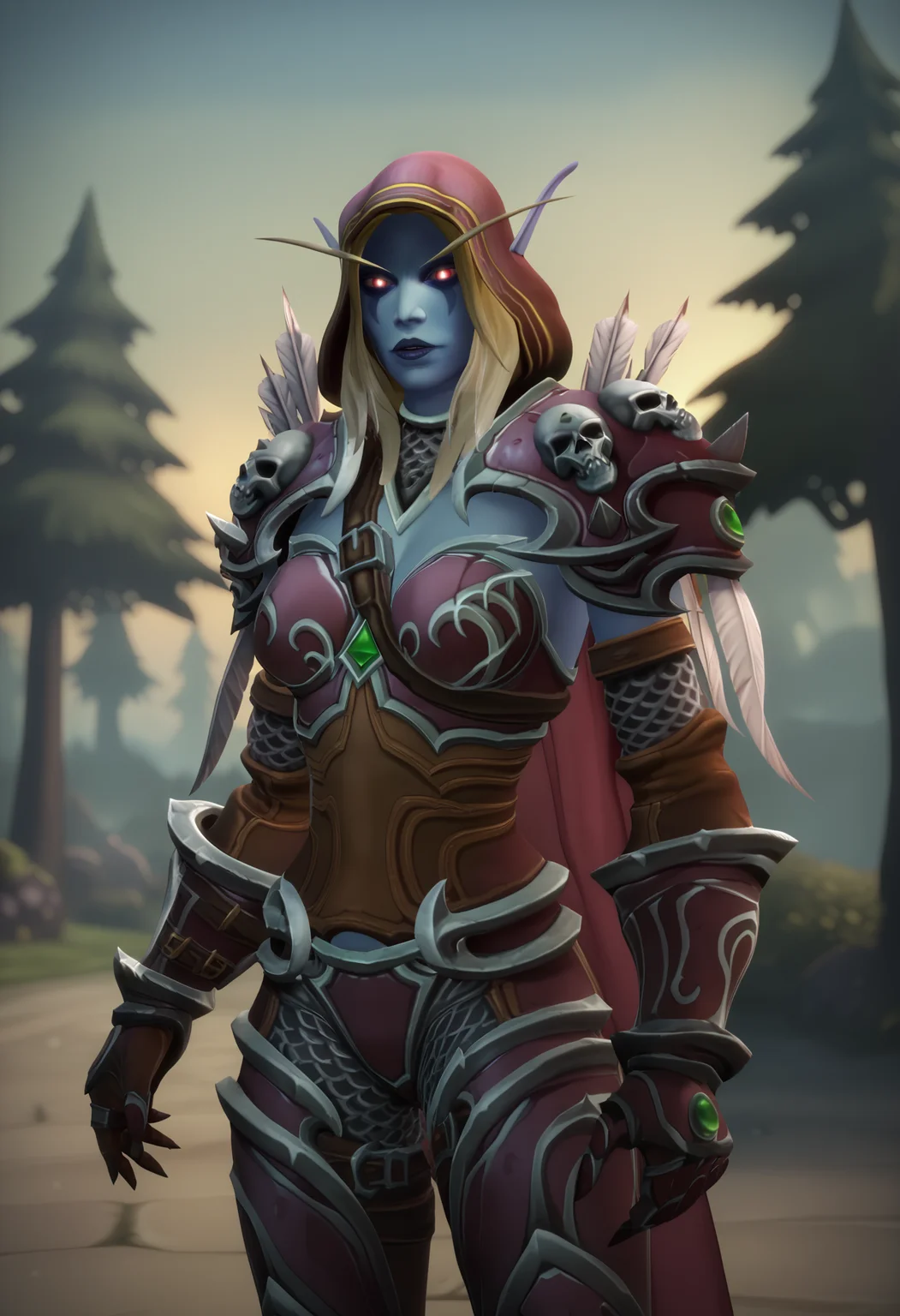 score_9, score_8_up, score_7_up,cinematic light,3d,masterpiece, high quality, highres,
uncensored,intricate details,
mature female,
sylvanas, elf, armor, blue skin, colored skin, 1girl, blonde hair, solo, hood, pointy ears, shoulder armor, red eyes, pauldrons, glowing eyes, glowing, skull, long hair, quiver, breasts, gauntlets,cape, undead,feathers,
standing, looking at viewer, 
cowboy shot, 
sidelighting, 
perfect anatomy, world of warcraft, contrast,
scenery, outdoors, forest, pine tree, 
Detailed Background,fantasy,
<lora:fugtrup-guy-PONYv2:0.8> <lora:Sylvanas_Windrunner_by_Nyx:0.9>