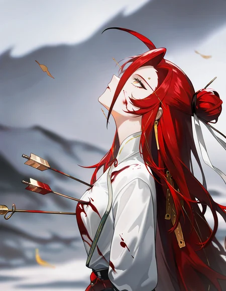 <lora:chuyi_noob:1>,xytx-chuyi, 1girl, solo, long hair, arrow \(projectile\), looking up, red hair, blood, blood on clothes, impaled, very long hair, blood on face, hair bun, from side,white shirt,
masterpiece,best quality,very aesthetic,absurdres,