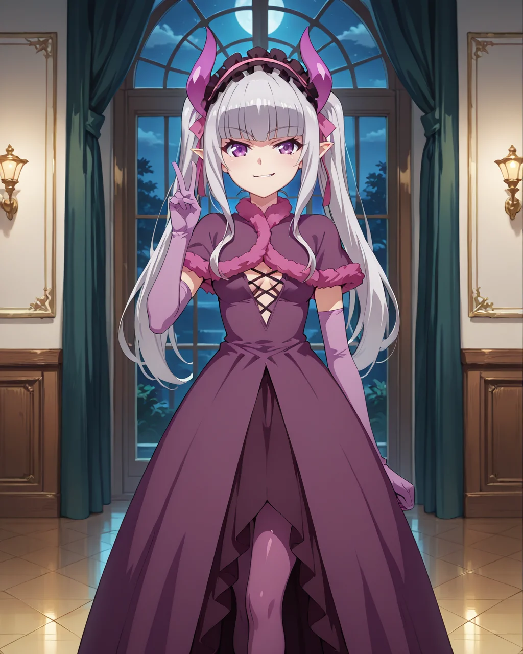 masterpiece,best quality,very aesthetic,anime screen,
shiny skin,
BREAK
indoors,night,grand ballroom with high ceilings,large open hall,golden tiled floor,regal aesthetic,dim,Middle Ages,
BREAK
shelia,1girl,solo,horns,grey hair,small_breasts,blunt bangs,bangs,long_hair,purple eyes,pointy_ears,twintails,
fur trim,gloves,elbow_gloves,ribbon,long_dress,hair ribbon,hairband,dress,purple dress,purple pantyhose,
v,smirk,
<lora:Shelia_Illustrious:1>,upper_body,