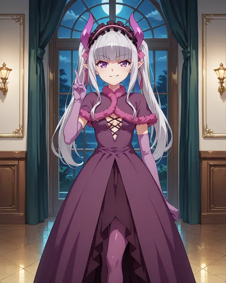 masterpiece,best quality,very aesthetic,anime screen,
shiny skin,
BREAK
indoors,night,grand ballroom with high ceilings,large open hall,golden tiled floor,regal aesthetic,dim,Middle Ages,
BREAK
shelia,1girl,solo,horns,grey hair,small_breasts,blunt bangs,bangs,long_hair,purple eyes,pointy_ears,twintails,
fur trim,gloves,elbow_gloves,ribbon,long_dress,hair ribbon,hairband,dress,purple dress,purple pantyhose,
v,smirk,
<lora:Shelia_Illustrious:1>,upper_body,