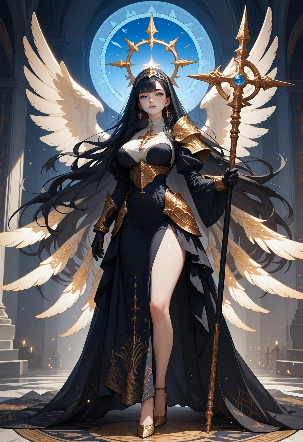 Score_9, score_8_up, score_7_up, score_6_up, score_5_up, score_4_up, highly detailed, source_anime, himari, 1girl, dark priestess, standing pose, 1girl, solo, long hair, dress, black hair, black dress, breasts, holding, full body, very long hair, standing, large breasts, long dress, looking at viewer, mask, long sleeves, staff, jewelry, yellow eyes, cross, skull, black gloves, colored skin, holding staff, bangs, armor, closed mouth, shiny skin, gloves, blue eyes, high heels, black skin, star \(symbol\), cane, earrings, gothic cathedral,blond hair, blue eyes, ornate armor, (black and gold outfit:1.05), intricate design, halo, background, flowing cape, celestial symbols, dramatic lighting, detailed armor, ethereal atmosphere, gothic architecture, fantasy setting, solemn expression, sacred aura, dark elegance, elaborate headdress, mystical ambiance, medieval fantasy, holy relic, divine presence, celestial alignment, sacred geometry, celestial priestess, feather wings, big white wings, Angel, spear, holding magic, glowing magic, glowing spear, valkyrie, cowboy shot, close up, <lora:Expressive_H:0.7>,Expressiveh <lora:Smooth Anime Style LoRA XL:0.6>