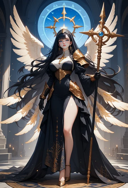 Score_9, score_8_up, score_7_up, score_6_up, score_5_up, score_4_up, highly detailed, source_anime, himari, 1girl, dark priestess, standing pose, 1girl, solo, long hair, dress, black hair, black dress, breasts, holding, full body, very long hair, standing, large breasts, long dress, looking at viewer, mask, long sleeves, staff, jewelry, yellow eyes, cross, skull, black gloves, colored skin, holding staff, bangs, armor, closed mouth, shiny skin, gloves, blue eyes, high heels, black skin, star \(symbol\), cane, earrings, gothic cathedral,blond hair, blue eyes, ornate armor, (black and gold outfit:1.05), intricate design, halo, background, flowing cape, celestial symbols, dramatic lighting, detailed armor, ethereal atmosphere, gothic architecture, fantasy setting, solemn expression, sacred aura, dark elegance, elaborate headdress, mystical ambiance, medieval fantasy, holy relic, divine presence, celestial alignment, sacred geometry, celestial priestess, feather wings, big white wings, Angel, spear, holding magic, glowing magic, glowing spear, valkyrie, cowboy shot, close up, <lora:Expressive_H:0.7>,Expressiveh <lora:Smooth Anime Style LoRA XL:0.6>
