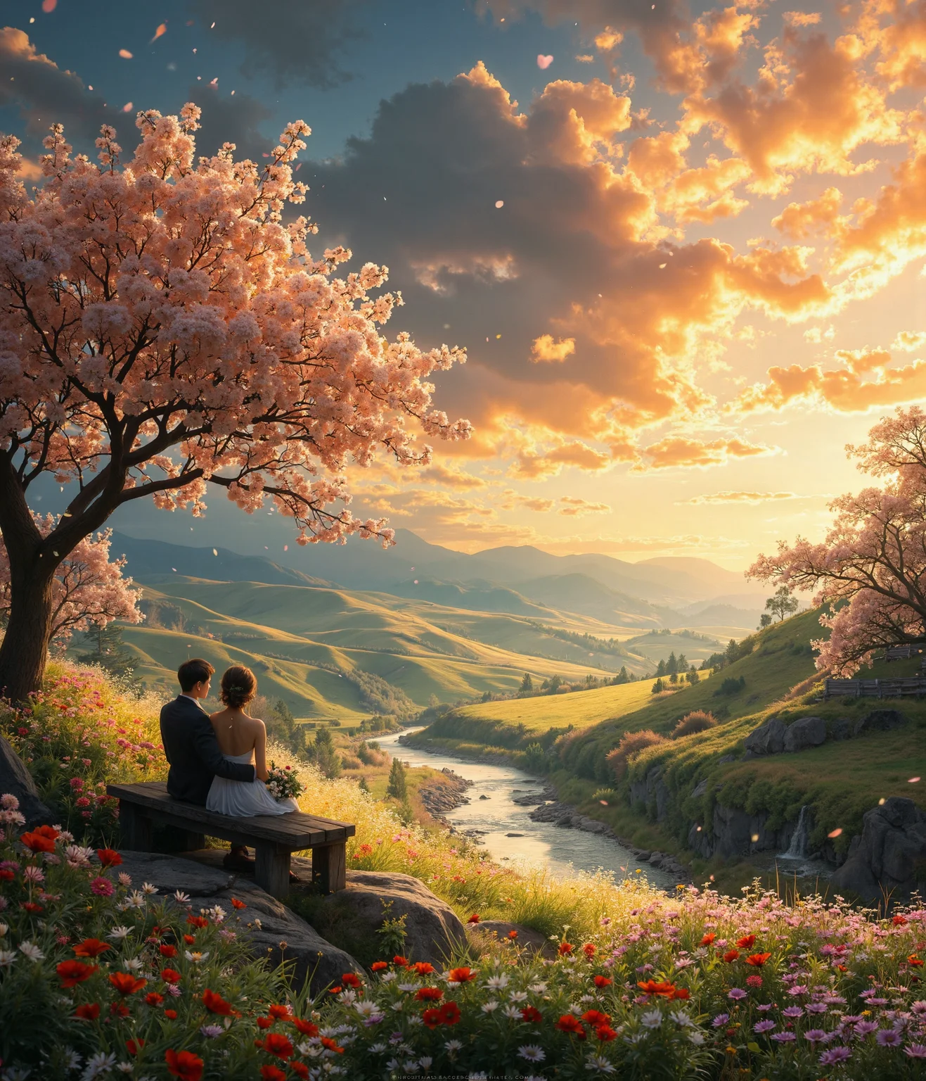 Imagine a breathtaking panorama at golden hour, where nature and romance intertwine to create a timeless love story. In a secluded valley framed by gently rolling hills and majestic, distant mountains, a meandering river sparkles as it carves its way through a riot of wildflowers—vivid reds, soft pinks, and delicate lavenders dancing in the breeze. At the heart of this idyllic landscape, two lovers sit on a weathered stone bench beneath a canopy of blossoming cherry trees, their silhouettes intertwined in quiet intimacy. The sky above erupts in a masterpiece of swirling colors—from fiery oranges to pastel purples—casting a warm, ethereal glow across the scene. Every element, from the soft murmur of the river to the whispered secrets of the petals drifting on the wind, invites the viewer to immerse themselves in a celebration of nature’s enduring beauty and the eternal dance of love.