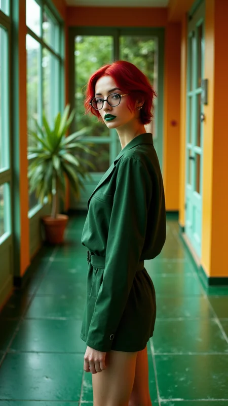 photograph, a professional, ad with piercing green lips and a confident expression stands on the floor of a Cyborg hall. The ad is presented by a Multi-tiered, dapper model with shiny red hair and oversized glasses. The scene is set in a lush garden, Ilford FP4 125, vanishing point, aidmaRealisticPeoplePhotograph