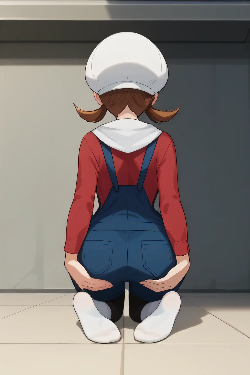 score_9, score_8_up, score_7_up, source_anime, rating_safe, intricate details, anime screencap, official style, <lora:Lyra:1>, lyra, red shirt, long sleeves, white headwear, blue overalls, facing away, indoor, smile, full body, white thighighs, soles, kneeling, from back, ass, white hood, hands on own ass, grabbing own ass, neck, cabbie hat