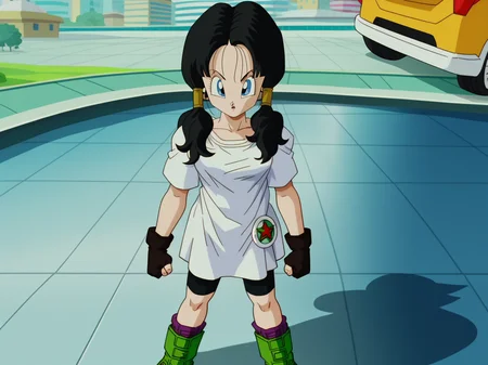 Videl, 1girl, pigtails, white shirt, bike shorts black hair, fingerless gloves, green boots, <lora:Videl-prodigy-7:0.9>, score_9, score_8, score_8, anime screencap, solo, looking at viewer, shadows, city, close up, clenched hand, standing,