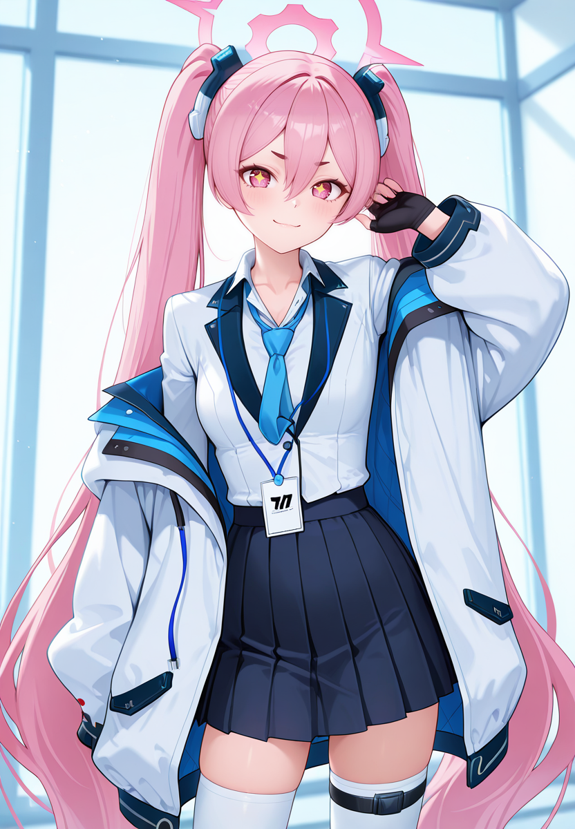 zPDXL3, score_9_up, score_8_up, score_7_up, ,Masterpiece,(perfect female body:1.2), small waist, (incredibly detailed:1.4), beautiful fingers, small breasts,  looking at viewer,  <lora:Kurosaki_Koyuki_-_Blue_Archive_Kaleid_Illustrious:1> kurosakikoyuki_\(arknights\), 1girl, pink hair, very long hair, twintails, pink eyes, sparkling eyes, halo, thighhighs, white thighhighs, white jacket, pleated skirt, shirt, open jacket, necktie, gloves, blazer, aqua necktie, knee pads, id card, collared shirt