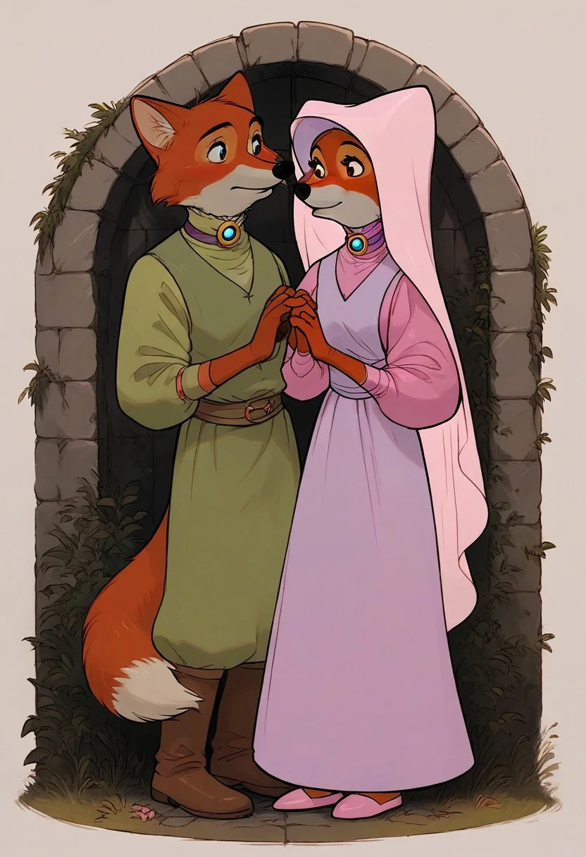 score_9, score_8_up, score_7_up, score_6_up, 1 anthro fox girl, Maid Marian, sexy face, cute face, blue eyes, hazel eyes shy , nose blush, medium boobs, chest up, grey fur, bald, fullbody, (medieval church background:1,2), 3/4 side view, full body view, BREAK, 1boy, Robin Hood, anthro fox, male, BREAK, duo, 2charachters, Robin Hood kises MAid Marian