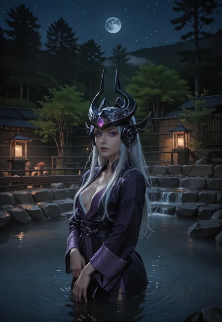 safe_pos, score_9, score_8_up, score_7_up, score_6_up, rating_explicit, score_9, score_8_up, score_7_up, a beautiful girl, (only wears a purple silk bathrobe) subsurface scattering, Photorealistic, Hyperrealistic, analog style, realistic, film photography, soft lighting, photo, cinematography, high resolution, 8k, syndra, white hair, purple eyes, night view, full moon, ruanyi0653,onsen,fence,rock,water,fog, seducting look