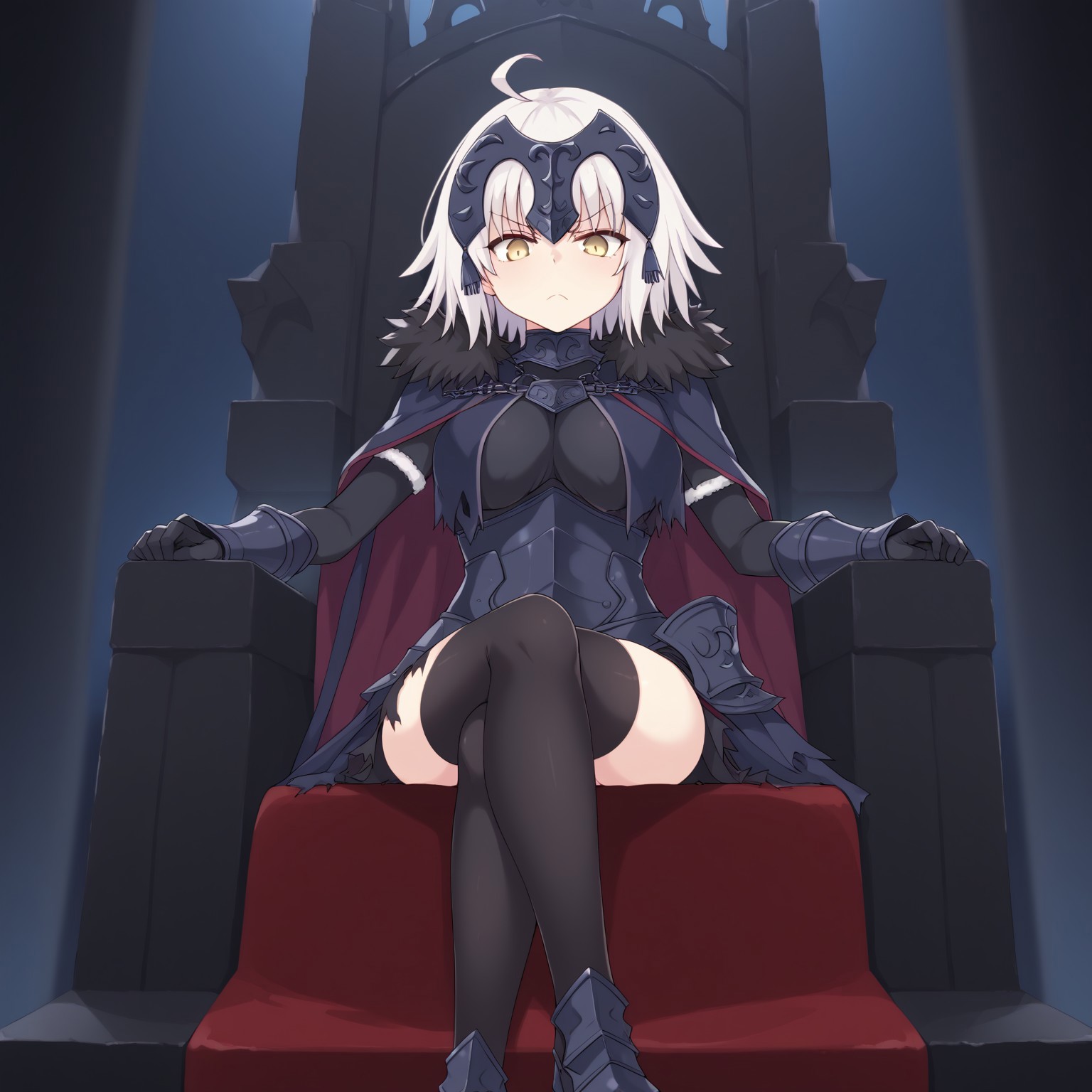 score_9, 1girl, jalter, white hair, yellow eyes, ahoge, short hair, headpiece, armor, armored dress, black thighhighs, cape, dress, fur trim, fur-trimmed cape, scowl, sheath, short dress, thighhighs, torn clothes, sitting on throne, throne, legs crossed, 