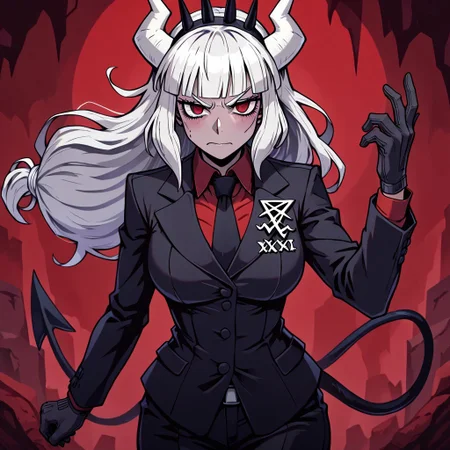 masterpiece, best quality, newest, absurdres, highres, FCMXV1.0, 1girl, lucifer (helltaker), black suit, red necktie, black collared shirt, black gloves, blunt bangs, demon horns, demon girl, demon tail, red eyes, white hair, long hair