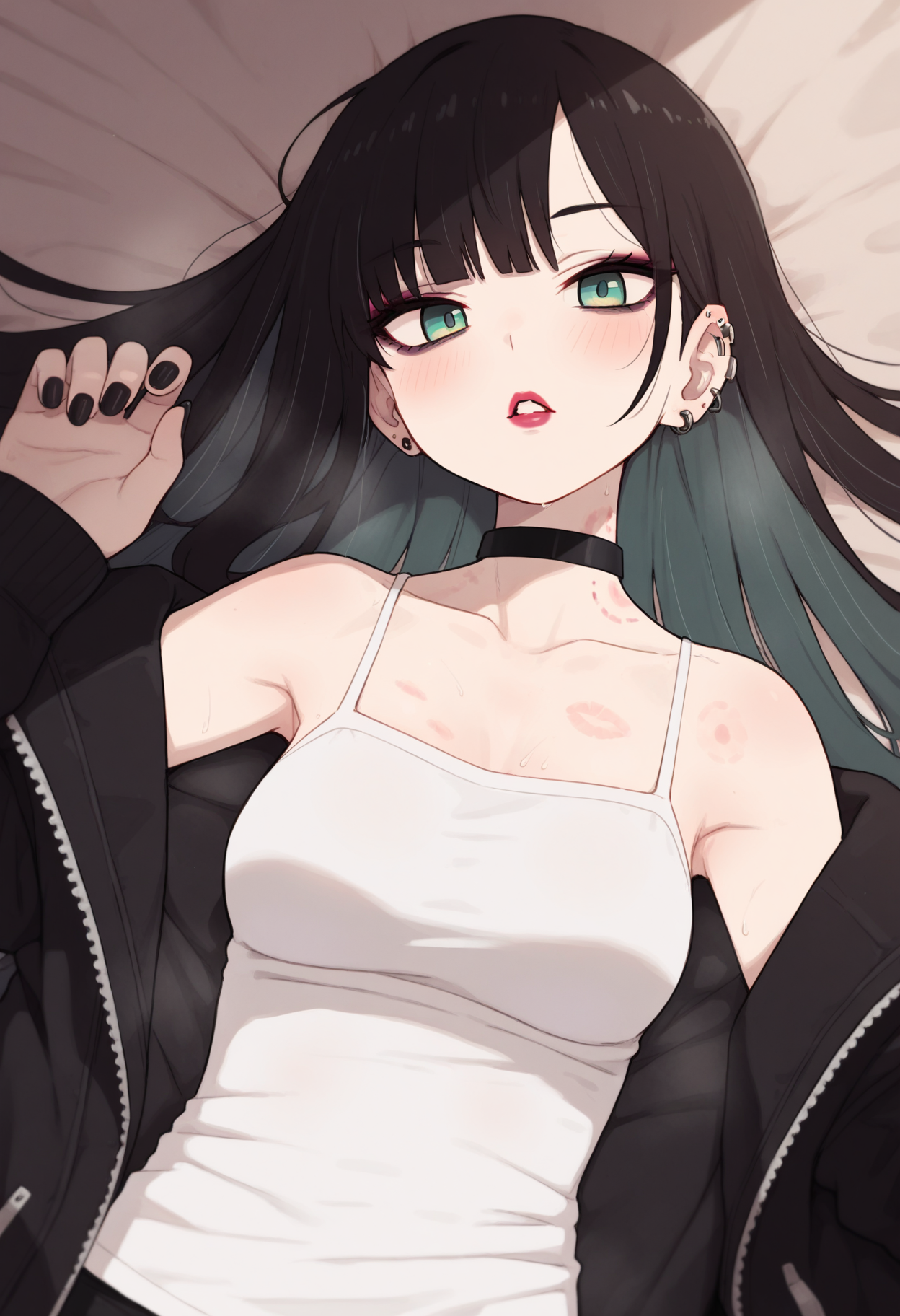 masterpiece,best quality,amazing quality,
1girl, solo, black hair, black nails, jacket, choker, long hair, collarbone, lying, looking at viewer, earrings, piercing, jewelry, black jacket, on back, breasts, camisole, ear piercing, upper body, black choker, green eyes, bite mark, spaghetti strap, nail polish, bangs, lipstick mark, hickey, bed sheet, makeup, parted lips, off shoulder, blush, aqua eyes,
 <lora:Chiwino_epoch_9:1>
