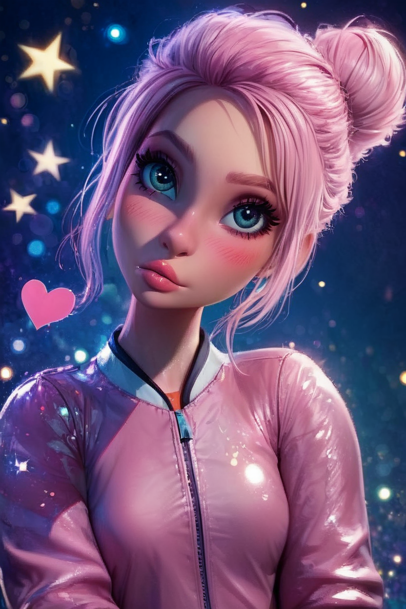score_9, score_8_up, score_8, medium breasts, (curvy), cute, eyelashes,       BREAK, , zzBrooklynn, pink hair, single hair bun, pink jacket, denim pants,  <lora:Brooklynn_Jurassic_Park_PDXL_v2:0.7>, , BREAK,  (ultra realistic,32k, masterpiece:1.2),(high detailed skin:1.1),( high quality:1.1), curvy, head tilt, hearts, blush, lips, closed mouth, curvy, head tilt, shiny clothes, (upper body), looking at viewer, bokeh, luminescent background,  embedding:zPDXL, Expressiveh,  <lora:RlAnmPDXL:1.0>,