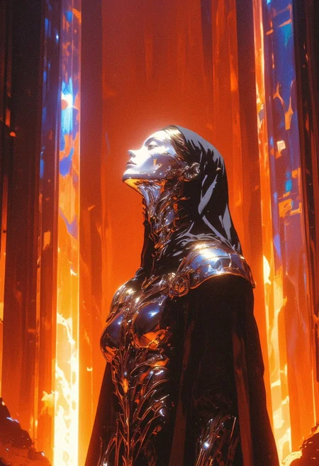 A hyper-realistic, close-up upper body shot of an adult woman standing with a straight posture, her head slightly tilted upwards, eyes closed in a serene, divine expression. Her porcelain skin glows with an ethereal, almost otherworldly radiance, illuminated by soft, balanced lighting to enhance its luminous quality. She wears intricate chrome nun clothing made from polished, metal-silver fabric, sparkling with a mirror-like sheen and glossy highlights that reflect the light in mesmerizing patterns. The chrome attire is sleek and futuristic, featuring refined, elegant lines that catch the light, exuding a sense of purity and grace. The background is a rich orange hue, with towering, iridescent monoliths softly glowing in the distance, their reflective surfaces adding depth and surreal, futuristic ambiance. Shot with a Canon EOS R5, using an RF 85mm f/1.2L lens for a shallow depth of field, isolating the figure with crisp clarity while gently blurring the background. The image is composed with high-quality lighting and exposure, emphasizing the polished chrome clothing’s shine, and the glow of her skin, with vivid saturation and subtle iridescent tints that add to the divine, dreamlike atmosphere. The result is a cinematic, futuristic aesthetic that blends both the ethereal and the surreal.