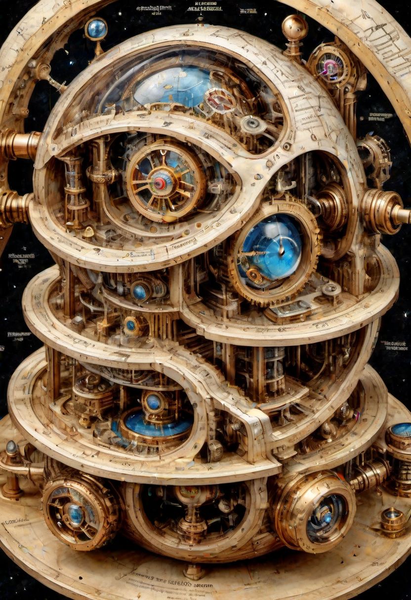national geographic, best quality, masterpiece, award winning photo, fantasy landscape, extremely detailed, HDR, a photorealistic exploded view of a clockwork steampunk astrolabe armilar sphere, labeled parts, technical details, cross-section view, characteristic astronomy, focus, contrast, brightness, realistic style, scientific accuracy, clear and concise
