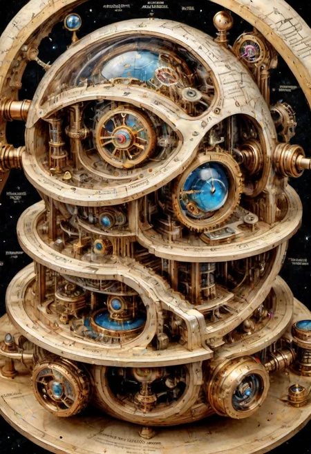 national geographic, best quality, masterpiece, award winning photo, fantasy landscape, extremely detailed, HDR, a photorealistic exploded view of a clockwork steampunk astrolabe armilar sphere, labeled parts, technical details, cross-section view, characteristic astronomy, focus, contrast, brightness, realistic style, scientific accuracy, clear and concise