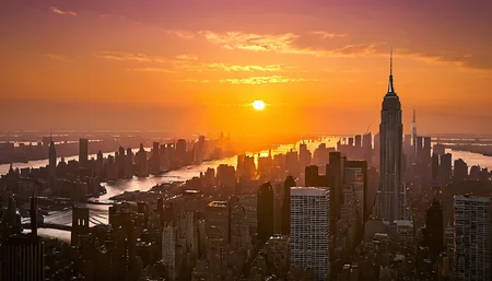 New York City skyline, World Trade Center towering over lower Manhattan at sunset, the twin towers standing majestic against an orange and pink sky, the sun visible low in the sky peeking through the towers, the hustle and bustle of the city in the foreground, Manhattan bridge in the distance across the East River, iconic skyscrapers including the Chrysler Building and Empire State Building illuminated by the setting sun, hazy atmosphere, beautiful detailed skies, extremely detailed buildings and architecture, breathtaking perspective, cinematic lighting,
