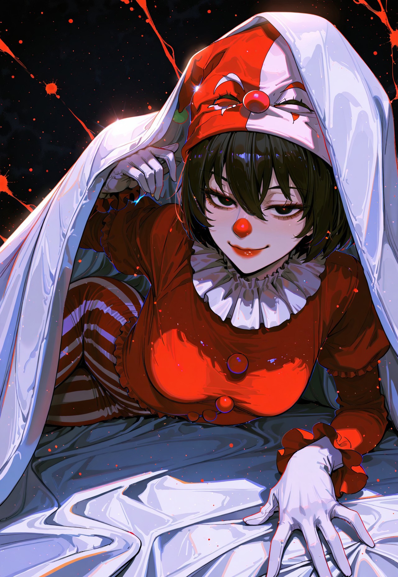 safe_pos, 1girl, bed_invitation, looking at viewer, medium breasts, smug, mesugaki, on side, come hither,small breasts, BREAK bed, white sheets, white blanket, Oshino Ougi, black_eyes, black_hair, bob_cut,short_hair, clown outfit, clown costume, clown make-up, red puffy clown nose, 

(sexy), ink painting background,

dynamic light, beautiful light, 

soft shadows, raytracing, ambient occlusion, detailed background,

masterpiece, best quality, amazing quality, very aesthetic, absurdres, newest, huge filesize, (by dino_(dinoartforame):0.4), (ask_(askzy):0.6), (by sakuraba yuuki:0.3), (ilya kuvshinov:0.2), (incase:0.65), n0riuma_illu,