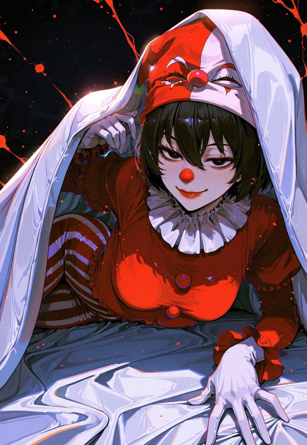 safe_pos, 1girl, bed_invitation, looking at viewer, medium breasts, smug, mesugaki, on side, come hither,small breasts, BREAK bed, white sheets, white blanket, Oshino Ougi, black_eyes, black_hair, bob_cut,short_hair, clown outfit, clown costume, clown make-up, red puffy clown nose, 

(sexy), ink painting background,

dynamic light, beautiful light, 

soft shadows, raytracing, ambient occlusion, detailed background,

masterpiece, best quality, amazing quality, very aesthetic, absurdres, newest, huge filesize, (by dino_(dinoartforame):0.4), (ask_(askzy):0.6), (by sakuraba yuuki:0.3), (ilya kuvshinov:0.2), (incase:0.65), n0riuma_illu,
