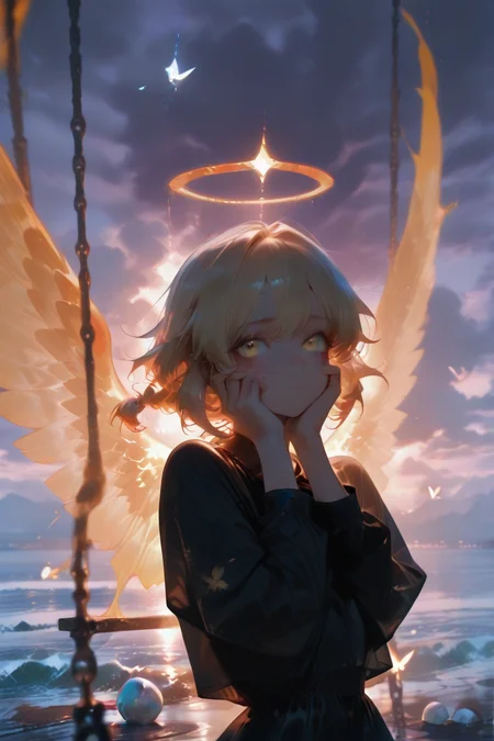<lora:ponyv6_noobV1_2_adamW:1>
<lora:USNR_STYLE_ILL_V1_lokr3:0.3>
<lora:Dark_Angel_IL:1>
(looking at viewer:1.2)
shikigami, artist name, bow, arms up, bee, sparrow, blood on face, sleeveless, black dress, hands on own face, indoors, multicolored wings, cloudy sky, single braid, mountain, pyrokinesis, ball, white butterfly, aki shizuha, sneakers, glowing wings, bruise, ocean, mushroom, water drop, swing, upper body, jacket, flame, snowman, purple sky, planet, antlers, waves, angel wings