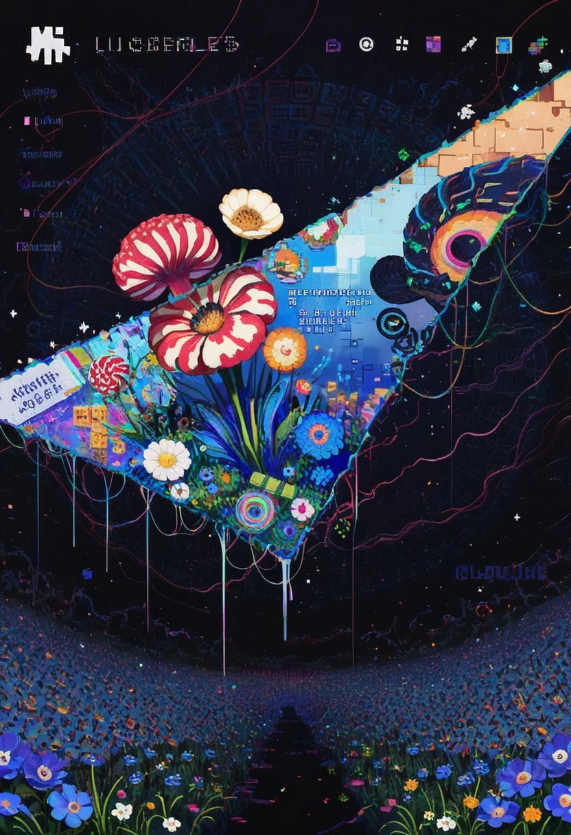 [[leo-dont-want-to-be-a-painter, magion02, lifeline \(a384079959\)]], halftone, thick outlines, nihonga, nautilus \(animal\), poppy \(flower\), surreal, revealing layer, cyberspace, hacker aesthetics, cyber glyphs,((blending)), (blocks:1.1), soft shadows,  depth,[cyberspace],, celluloid,masterpiece, high score, great score, absurdres, best quality, very aesthetic, scenery, (vibrant:1.2), mysterious, pixel art, (collage background:0.7),mhh,no humans