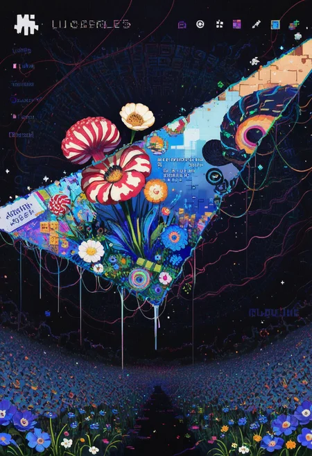 [[leo-dont-want-to-be-a-painter, magion02, lifeline \(a384079959\)]], halftone, thick outlines, nihonga, nautilus \(animal\), poppy \(flower\), surreal, revealing layer, cyberspace, hacker aesthetics, cyber glyphs,((blending)), (blocks:1.1), soft shadows,  depth,[cyberspace],, celluloid,masterpiece, high score, great score, absurdres, best quality, very aesthetic, scenery, (vibrant:1.2), mysterious, pixel art, (collage background:0.7),mhh,no humans