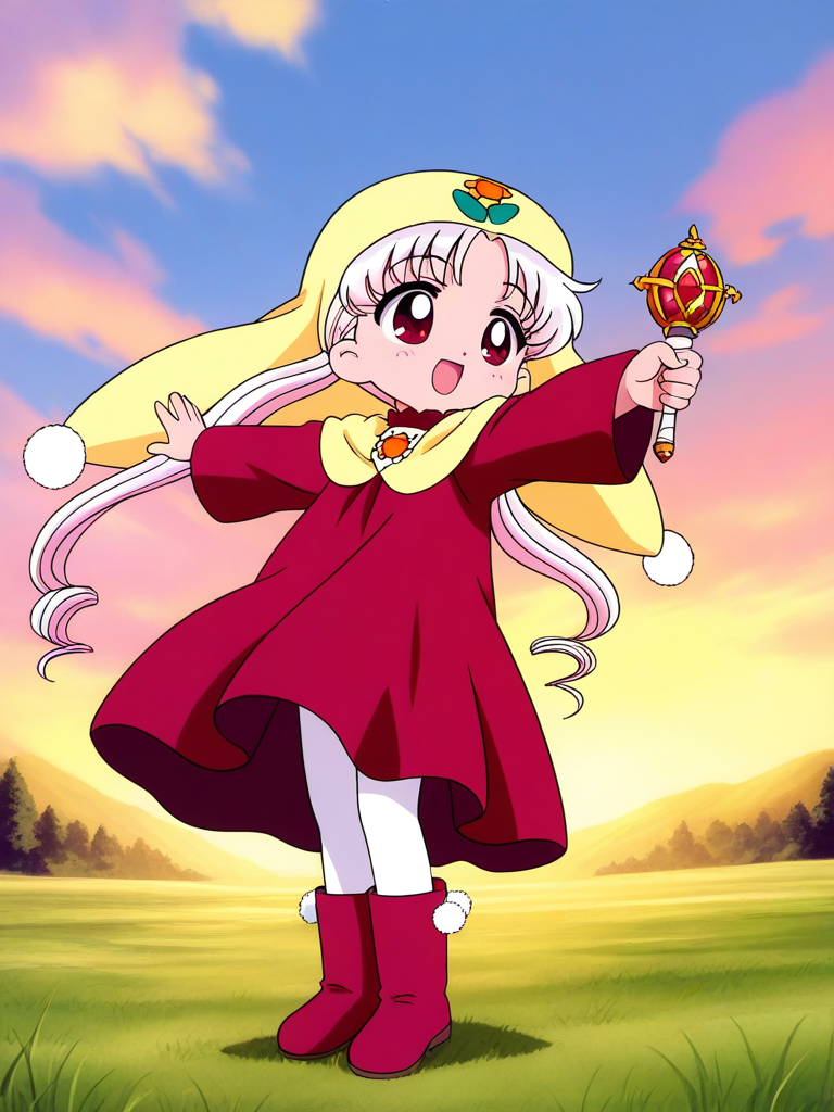 general,highres, ultra-detailed,very aesthetic,best quality ,best hands, BREAK <lora:Princess_Silver_Crayon_Oukoku_Ver2.0_IS:0.9>
Silver_Oujo(Crayon_Oukoku), 1girl, solo, long hair, white hair, pink hair, red eyes,
yellow headwear, twintails, parted bangs,
red dress, boots, pom pom (clothes),
smile, full body, open mouth, red dress, :d, pantyhose, holding, long sleeves, red footwear, 
hair bun, outstretched arms, standing,
grass, sky, fantasy,