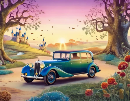 a Classic car in The Fairy Kingdom landscape at Sunrise, detailed, particles, sub surface scattering, sharp focus <lora:OldillXL_0.4_RC:0.7>