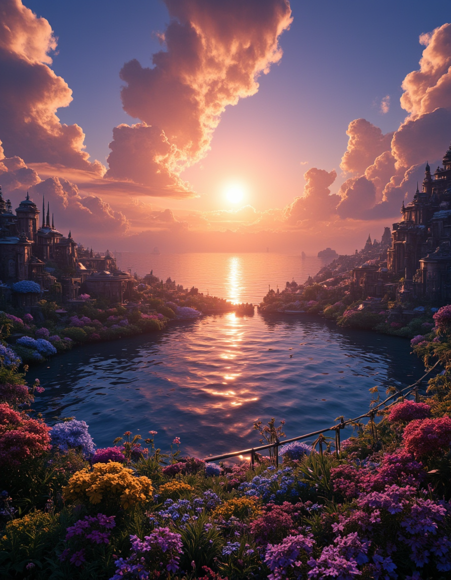 <lora:INWYTK_01a_flux:1> mu1ti, scenery, elven world, vegetation, water, sunset