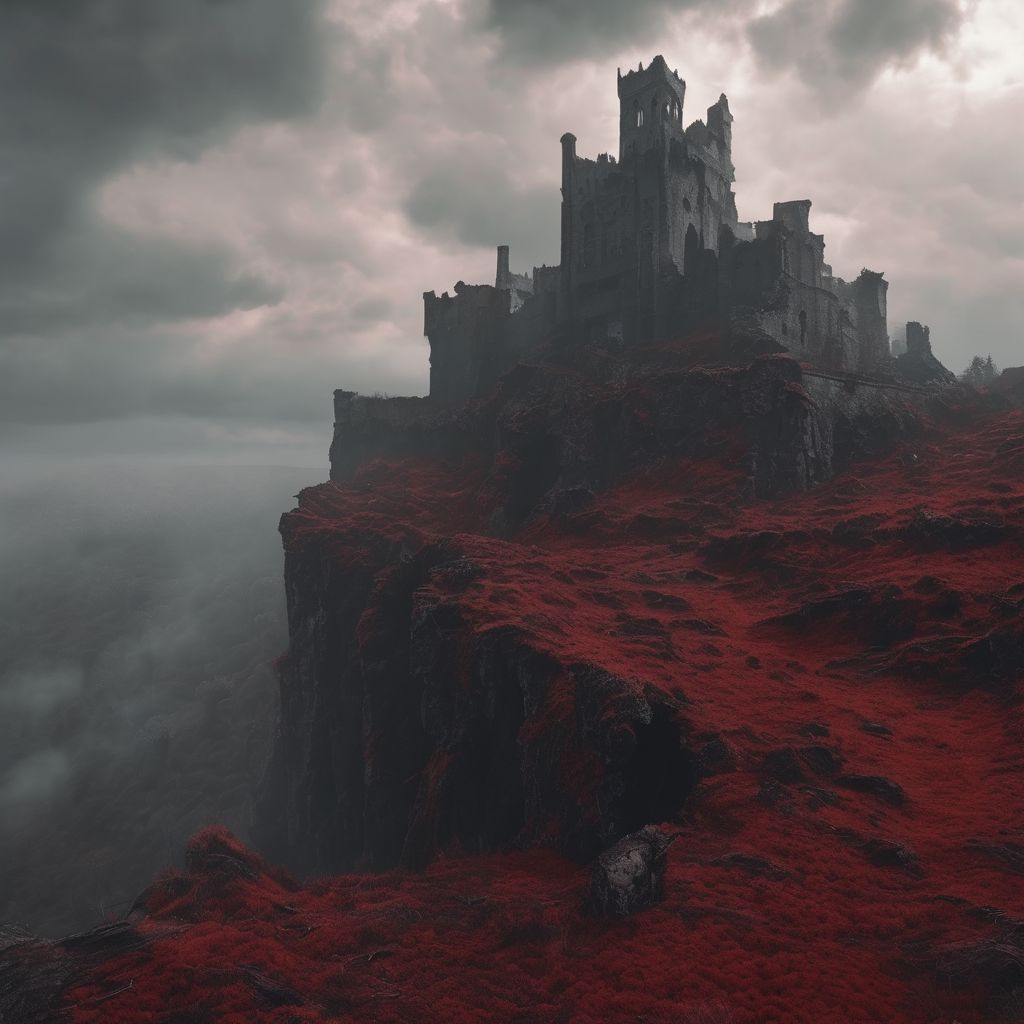 啎䥃佄䔀gigantic city ruins castle into the sky, red moss and creepers grow in the cracks. rain, mist and fog, dark forbidding sky, sunlight filters through the clouds, high definition, 4k. mist has a thin layer of blood red in it.