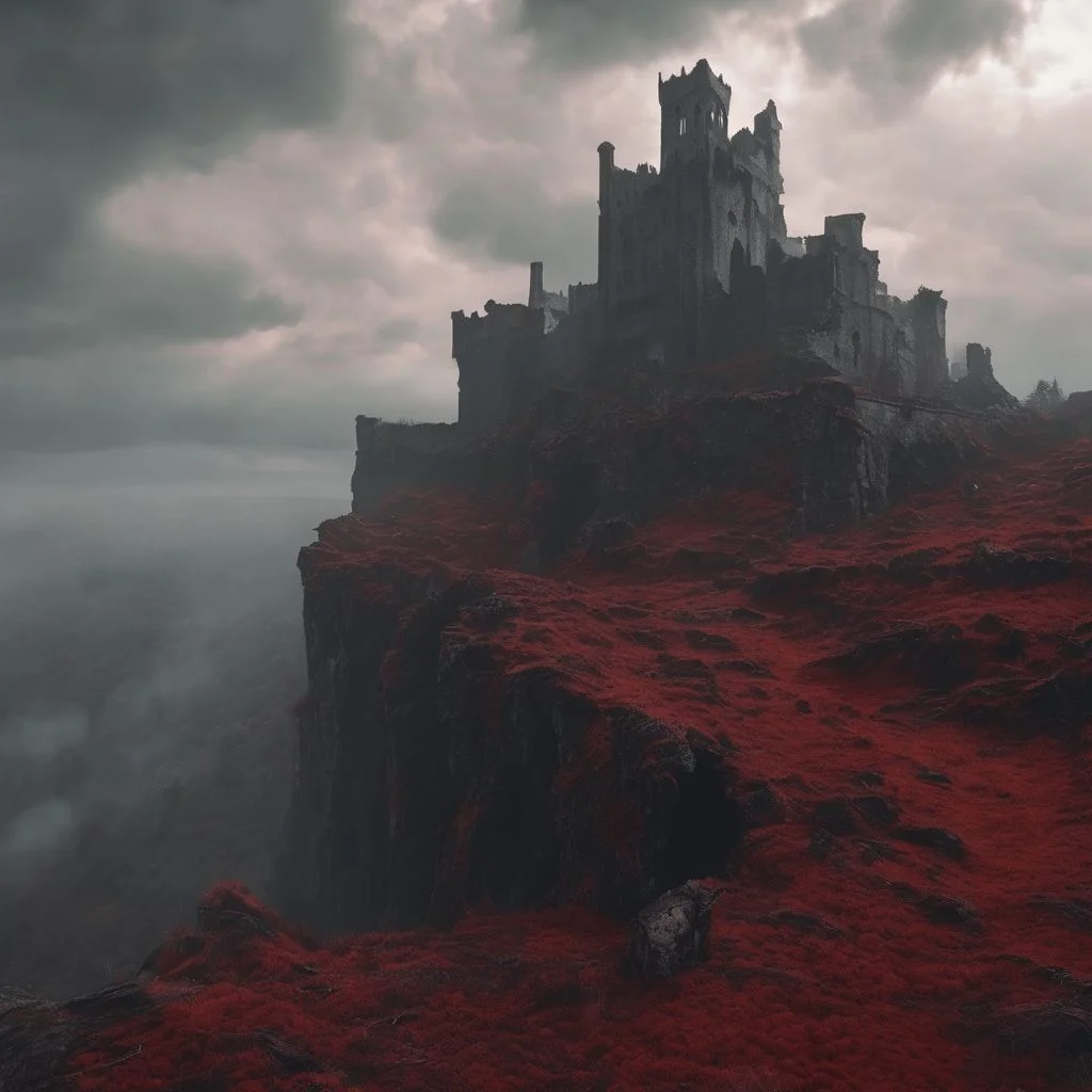 啎䥃佄䔀gigantic city ruins castle into the sky, red moss and creepers grow in the cracks. rain, mist and fog, dark forbidding sky, sunlight filters through the clouds, high definition, 4k. mist has a thin layer of blood red in it.