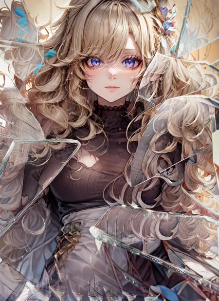 ((best quality)), ((highly detailed)), masterpiece, absurdres, extremely detailed face, beautiful face, (detailed eyes, deep eyes), <lora:more_details:.4>, (1girl), top view, looking at viewer, upper body<lora:hairdetailer:.6>, princess, ((very long hair)), <lora:big_hair-1.0:1>, big hair, curly hair, blonde hair, large dress, (maxiskirt), crown, (inside, on a stairway), <lora:BrokenGlass:1.1>, IncrsBrknGls, broken glass, reflection
