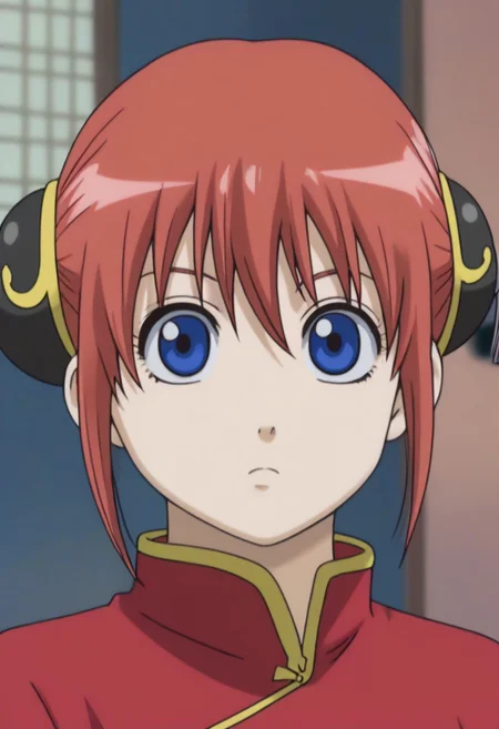 <lora:Kagura:0.8>blue eyes, red hair, Kagura red cheongsam with yellow piping outfit, Chinese clothes, double bun, bun cover, China dress,