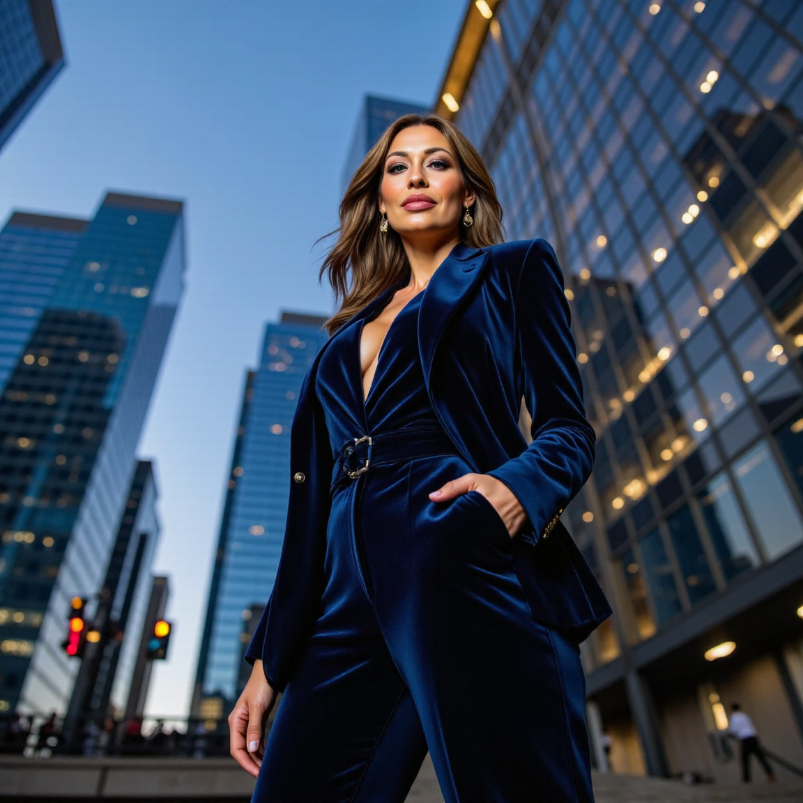 Low angle photo of a powerful, smartly dressed woman head of a financial empire in a dark open suit jacket and slacks, midnight blue velvet, open neckline blouse, one hand in her pocket. Her name is <lora:Nathalie_Foxx__-_Fictional_Character:1> nathaliefoxx. The sky scrapers of the financial district in downtown Toronto are in the background. Evening. Superior grin. High contrast, vivid, beautiful lighting, vignette.
