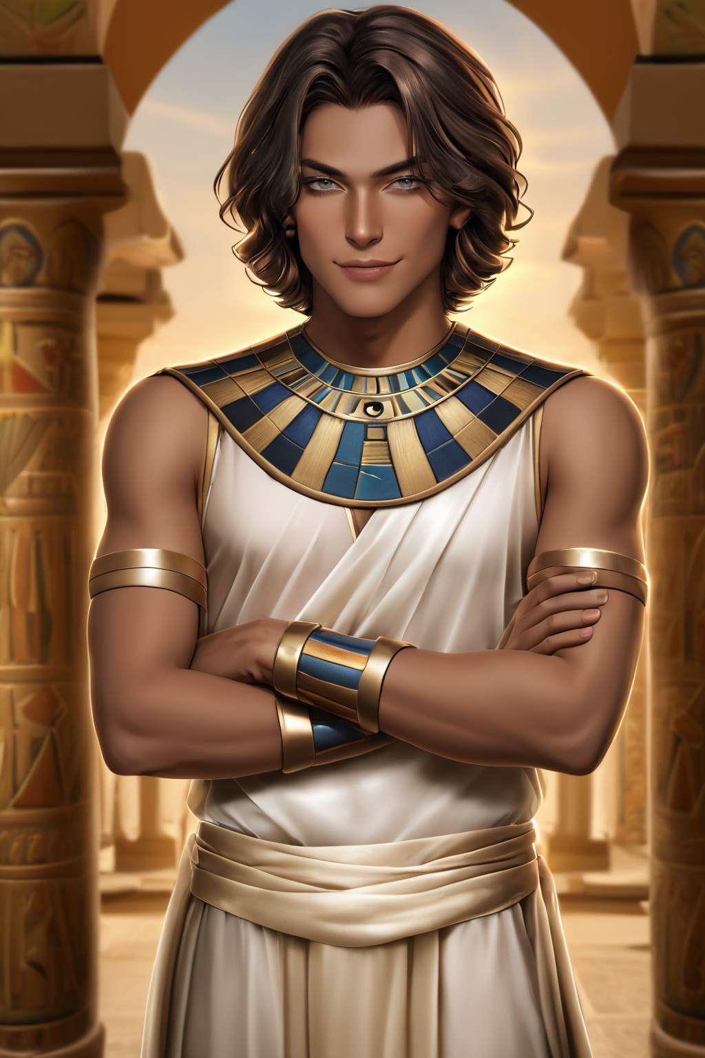male, brown hair, grey eyes, clothes in brown egypt costume, smirk, crossed arms, dark skin  <lora:Liviy pony:0.6> liviy