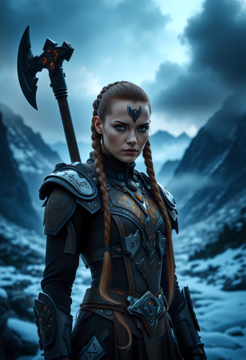 A captivating image emerges, focusing on a viking_punk warrior-princess with her presence commanding attention in the icy wasteland. Her futuristic exosuit based on traditional viking armor, with mechanical implants and mechanical_arms, a seamless fusion of technology and her toned-athletic form. The warrior's twin braids, with shaved sides, frames her determined expression, while her piercing eyes bore into the viewer. Ancient runes are etched into her battleaxe and armor, crackling with mystical glowing energy. The frozen landscape, a testament to her people's resilience, stretches into the distance, where dark, ominous clouds partially veil the rugged mountainous pass, filling the air with crispness and the promise of lightning. This artwork, with its Nordic and Viking-inspired elements, captures the essence of a powerful futuristic figure, seamlessly blending ancient traditions with futuristic innovations. Beauty, chiaroscuro, play of shadow and light, realistic, <lora:art and styles/MysticFantasy.safetensors:1.0>, <lora:artist/style_of_H._R._Giger_FLUX_295-000006.safetensors:0.5>, style of H. R. Giger, <lora:wlop:0.8>, wlop, <lora:flux_trainer/fluxPunk_v11>, <lora:scifi/RM_Robotify_v0.7M.safetensors:0.7>,