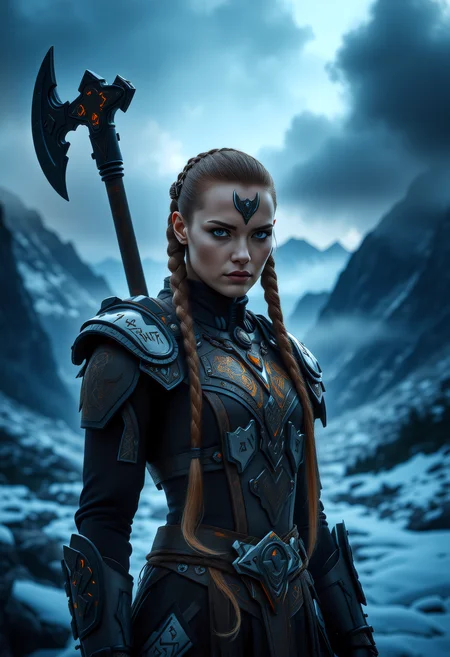 A captivating image emerges, focusing on a viking_punk warrior-princess with her presence commanding attention in the icy wasteland. Her futuristic exosuit based on traditional viking armor, with mechanical implants and mechanical_arms, a seamless fusion of technology and her toned-athletic form. The warrior's twin braids, with shaved sides, frames her determined expression, while her piercing eyes bore into the viewer. Ancient runes are etched into her battleaxe and armor, crackling with mystical glowing energy. The frozen landscape, a testament to her people's resilience, stretches into the distance, where dark, ominous clouds partially veil the rugged mountainous pass, filling the air with crispness and the promise of lightning. This artwork, with its Nordic and Viking-inspired elements, captures the essence of a powerful futuristic figure, seamlessly blending ancient traditions with futuristic innovations. Beauty, chiaroscuro, play of shadow and light, realistic,    <lora:art and styles/MysticFantasy.safetensors:1.0>,  <lora:artist/style_of_H._R._Giger_FLUX_295-000006.safetensors:0.5>, style of H. R. Giger,  <lora:wlop:0.8>, wlop, <lora:flux_trainer/fluxPunk_v11>, <lora:scifi/RM_Robotify_v0.7M.safetensors:0.7>,