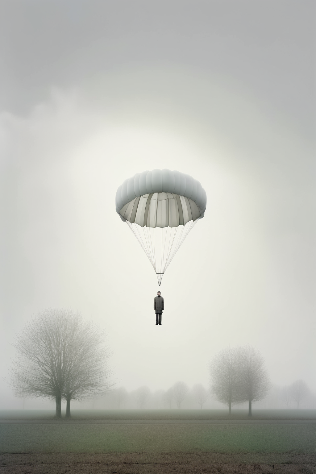<lora:Akos Major style:1>Akos Major style - une architecture photo hyperraliste divisare focale format 40 mm ciel gris un blanc hyperraliste un parachute blanc au sol sur un vert de campagne