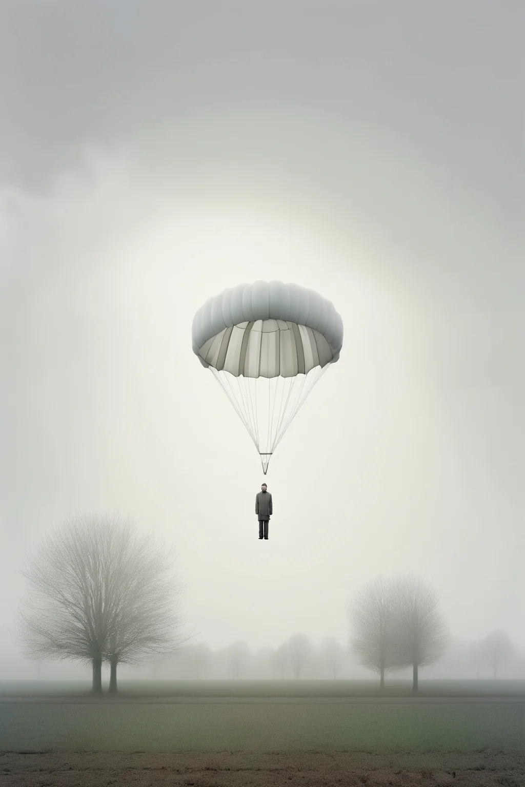 <lora:Akos Major style:1>Akos Major style - une architecture photo hyperraliste divisare focale format 40 mm ciel gris un blanc hyperraliste un parachute blanc au sol sur un vert de campagne