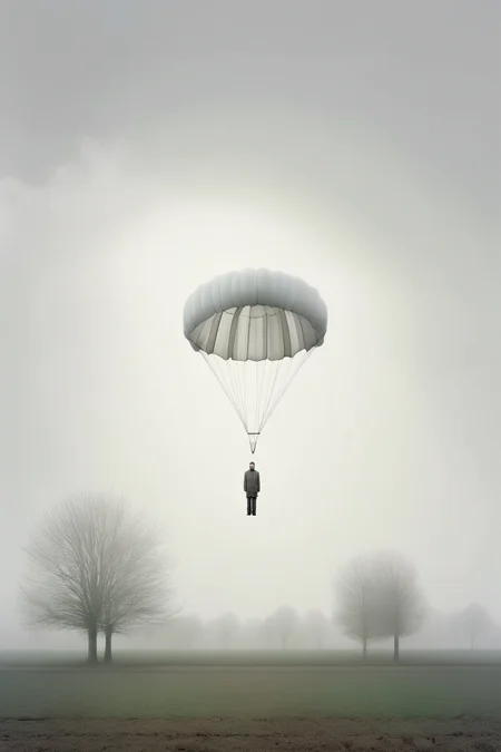 <lora:Akos Major style:1>Akos Major style - une architecture photo hyperraliste divisare focale format 40 mm ciel gris un blanc hyperraliste un parachute blanc au sol sur un vert de campagne