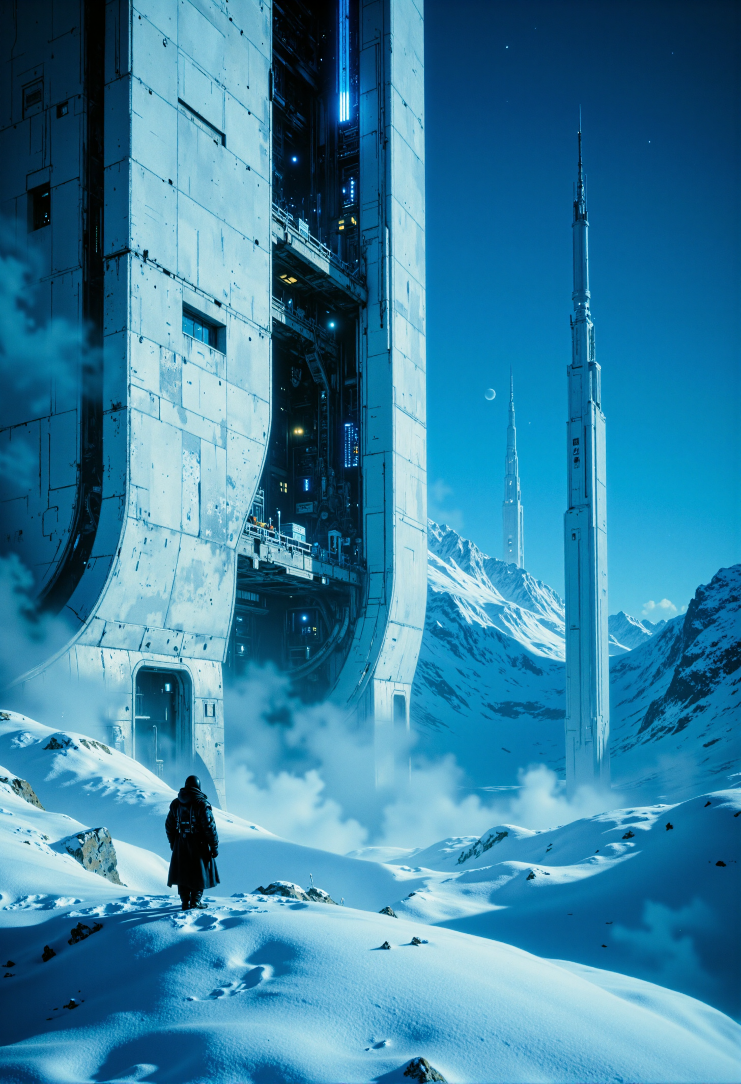 highest details, ultra hyper realism. highly detailed and realistic. intricate and highly professional artwork, an absolute masterpiece.
image in blues and white, with bold, angular lines. colossal sci-fi white towers on a field of ice and snow, piercing the evening mist. The environment feels almost serene, with no wind, just a light dusting of snow gently falling from the sky. The snow at the base of the towers is untouched, forming pristine, sparkling blankets, while the top of each tower shimmers with a slight frost that has settled on the steel. The station's lights are a soft blue, contrasting gently with the whiteness of the structures. In the distance, other white towers fade toward the horizon, creating a sense of endlessness. Dark gradient blue late evening sky
<lora:artilands_v02_epoch_6:0.8>  <lora:Elden_Ring_-_Yoshitaka_Amano:0.0> <lora:FluxMythP0rtr4itStyle:0> mythp0rt <lora:flux.1_lora_flyway_Epic-Characters_v1:0.3>  <lora:Cinematic Film style v1.0:0.0> <lora:GrainScape:0.8> 8n8log, film photography aesthetic, film grain effect prominent throughout image, high contrast lighting creating dramatic shadows, grainy film-like texture