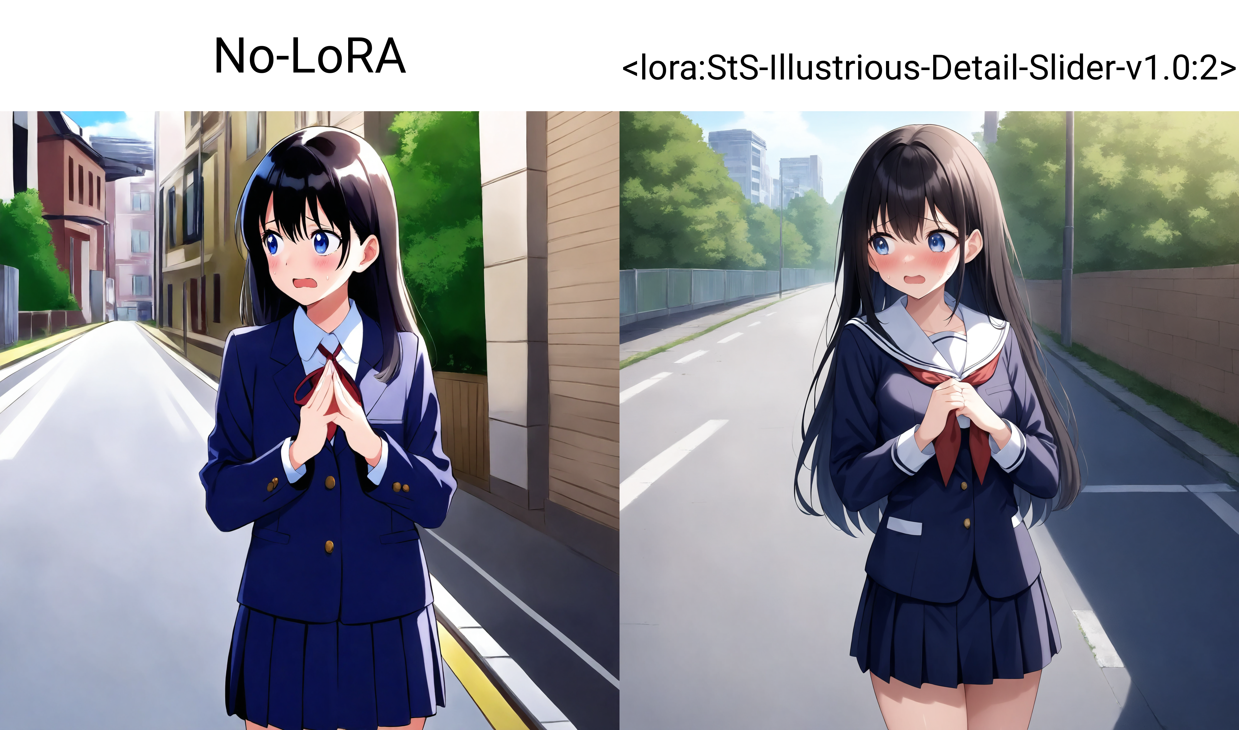 1girl, solo, open mouth, (looking to the side, own hands together, nervous, fidgeting), long hair, black hair, school uniform, blue eyes, cowboy shot, street, No-LoRA,