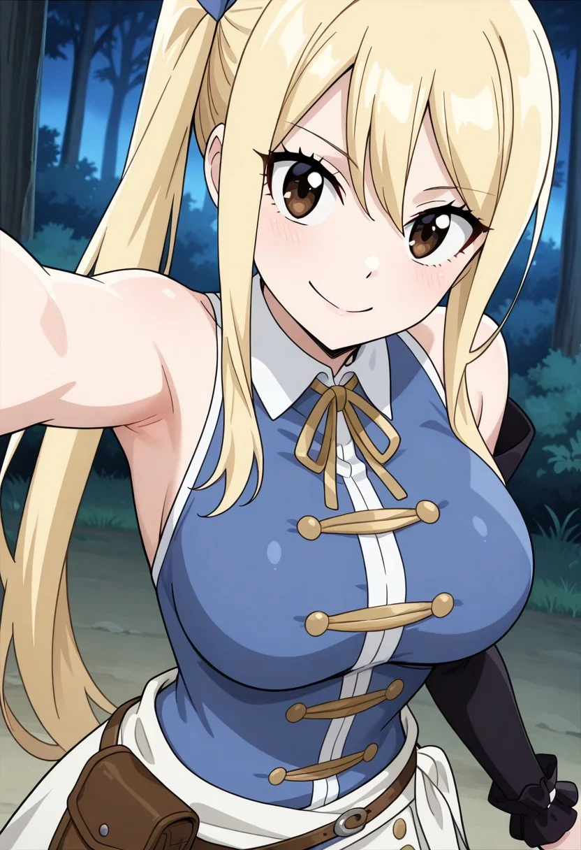 masterpiece, best quality, newest, anime screencap, 1girl, <lora:LucyHeartfiliaAvatartwo_Illu_Dwnsty:1>, lcyhrtavtrctwo, brown eyes, blonde hair, side ponytail, sidelocks, long hair, blue ribbon, hair ribbon, blue shirt, sleeveless shirt, collared shirt, yellow neck ribbon, scrunchie, single detached sleeve, black sleeve, white skirt, brown belt, belt pouch, white sash, perfect eyes, breast, shiny skin, expressive, smile, closed mouth, looking at viewer, erotic pose, armpit, forest, night, perfect anatomy
